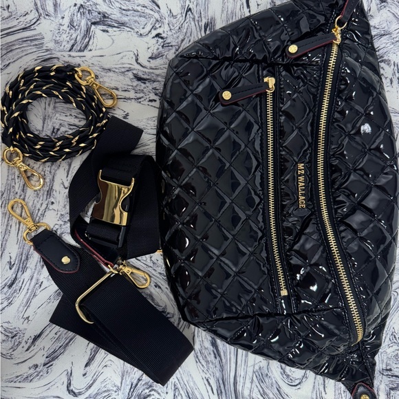 MZ Wallace Black Laquer Quilted Crosby Crossbody Sling  Bag Gold Accent - Picture 3 of 12